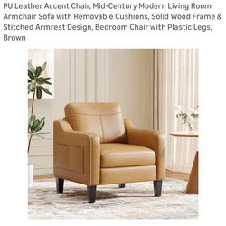 Brown PU Leather Accent Chair Mid-Century Modern with Removable Cushions