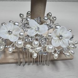 Pearl and rhinestone, silver bridal hair clip with floral accents