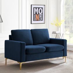 Velvet Loveseat with Gold Metal Legs & Square Armrest Small Couch Sofa for Limited Space, Modern 2- Seat Sofa for Apartment (Blue)