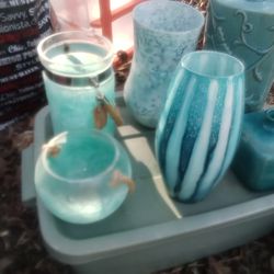 5 turquoise glass vases,$45 for all
