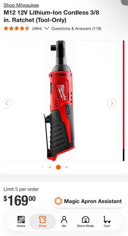 Milwaukee M12 12V Lithium-Ion Cordless 3/8 in. Ratchet (Tool-Only)