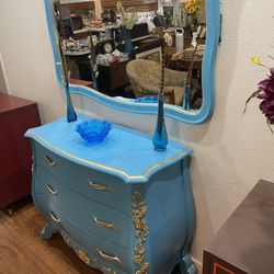 Vintage French Provincial Bombe Dresser & Mirror Set