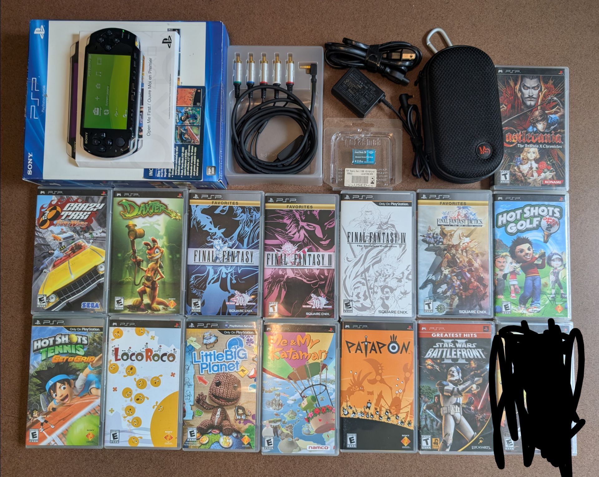 PSP-3000, 14 games, component TV cable