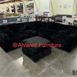 Black Corduroy sectional Sofa With Ottoman