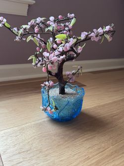 Vintage Gemstone Flowering Bonsai Tree in Blue Cut Glass Vase – 13.5” Tall