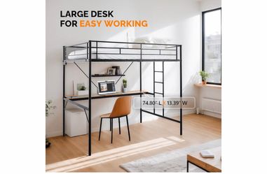 VINGLI Full Size Metal Loft Bunk Bed Frame for Kids Teens Adults with Desk Underneath,2 Charging Station,LED Lights,Safety Guardrail and Stair,No Box