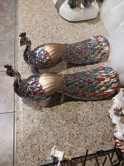 Vintage pair of Metal Ornate Peacock figurines with enameled jewel tone accents