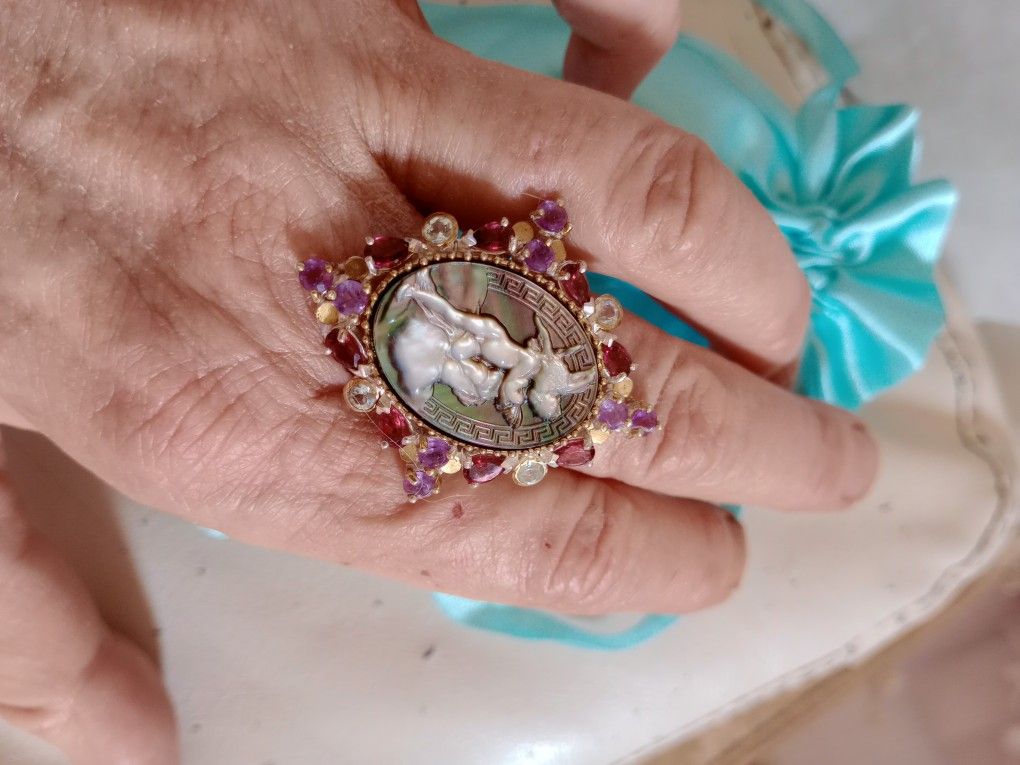 Antique Carved Shell Cameo Kissed By An Angel 925 Sterling Silver Ring
