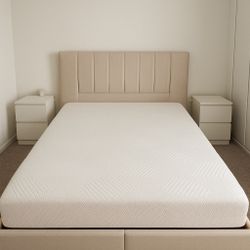 BEIGE QUEEN FRAME BED + MATTRESS 