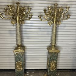 Pair Of Bronze Brass Floor Candelabras Set 