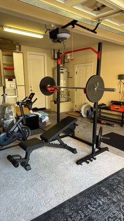 Home Gym Set – Squat Rack + Adjustable Bench + Olympic Barbell + Bumper Plates