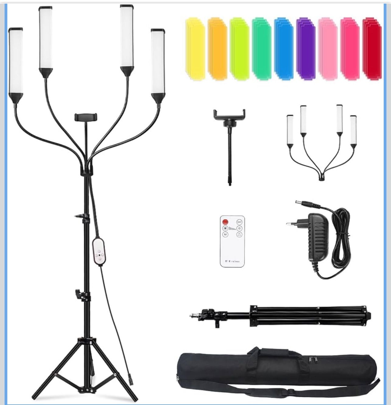 New-Four-arm RGB LED Photography Light, Equipped with a Tripod Mount, Photography Bag, and 36 PCS Color gels, Suitable for Live Streaming, Video Recor