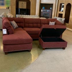 Brand New Red Velvet Like Sectional Sofa Couch +Storage Ottoman (New In Box) 