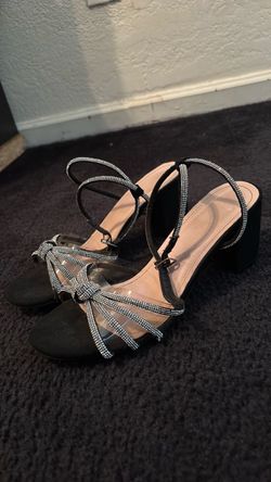 Black Rhinestone Strappy Block Heel Sandals