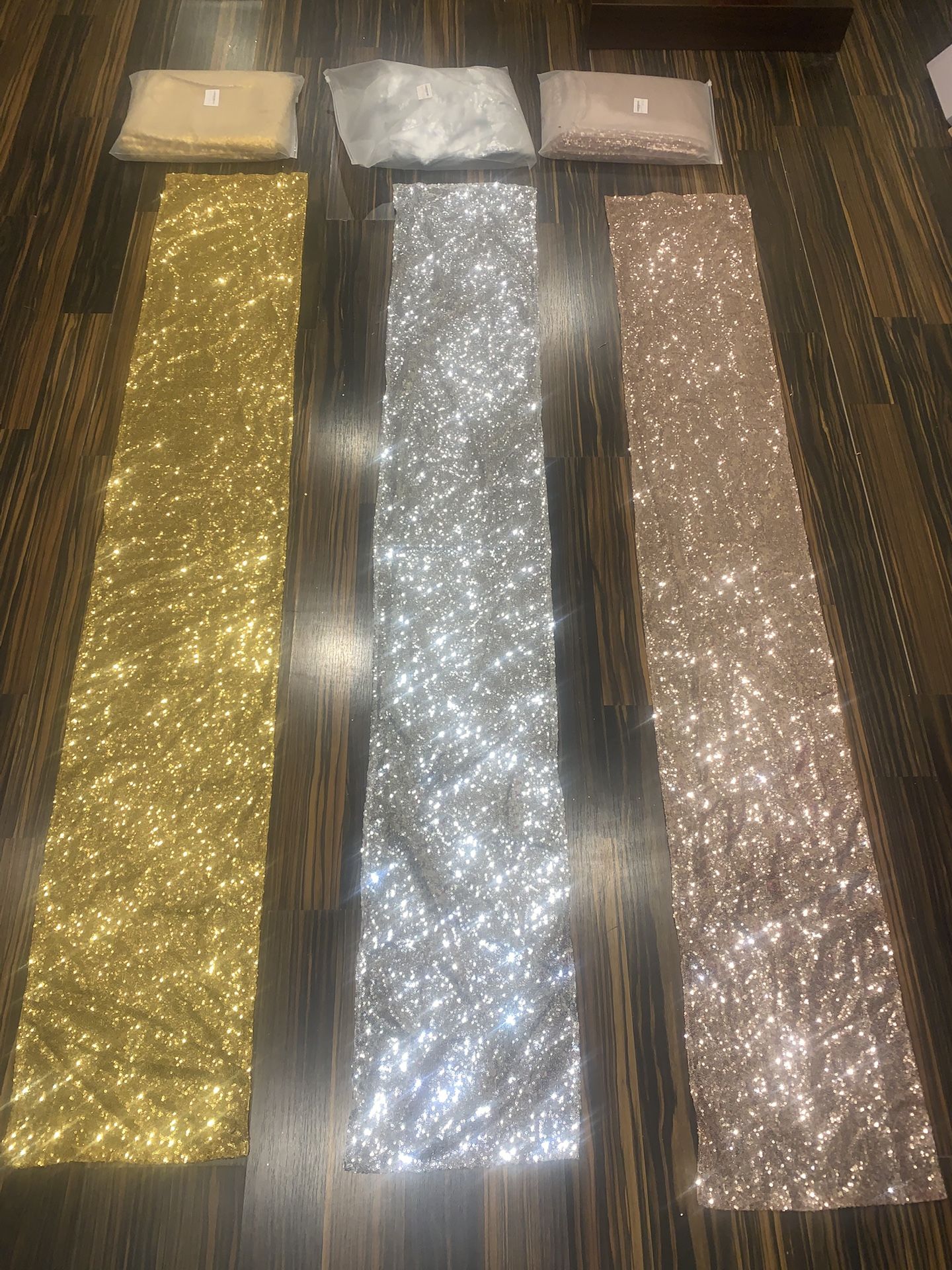 Sequins table runner, mirrored aisles runner, Rose gold candle holders and candles