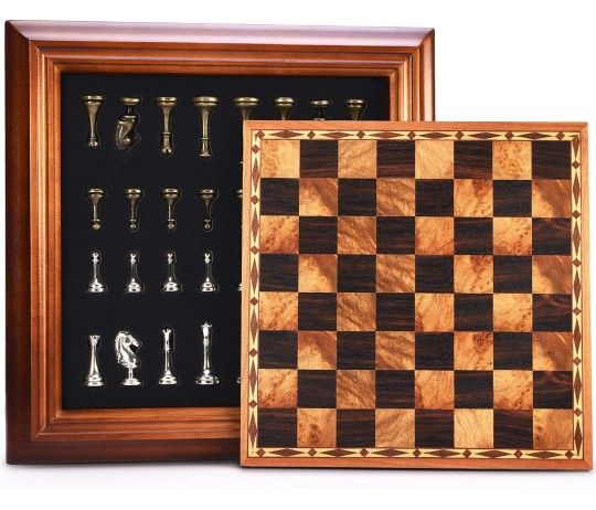 14 inches Wooden Chess Set with Metal Chess Pieces / 2.5'' King/Storage for Chessmen/Gift Package/Instructions/Classic Board Game