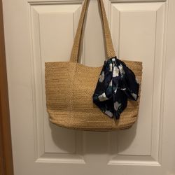 Draper James Straw Tote With Silk Scarf Accent