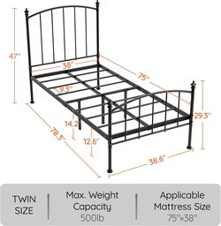 Twin Metal Bed Frame | Sturdy & Durable | Supports Up to 500 lbs | Simple & Stylish Design | Fits 75” x 38” Mattress