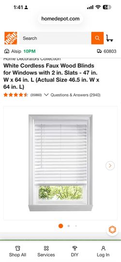 White Cordless Faux Wood Blinds for Windows with 2 in. Slats - 47 in. W x 64 in. L (Actual Size 46.5 in. W x 64 in. (PAIR) Brand New in Box