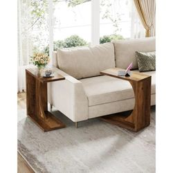 Set of 2 C-Shaped End Table for Couch, Sofa Side Table, C Table for Small Space (Rustic Brown)