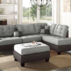 Brand New Grey & Espresso Two Tone Sectional Sofa w Ottoman 