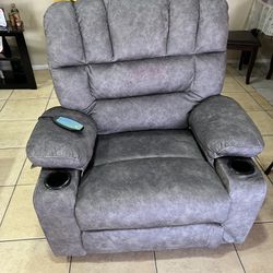 Reclining massage armchair with heating, modern, ergonomic, for living room, reclining by gravity, elastic foam padding, 2 cuss holders and side pocke