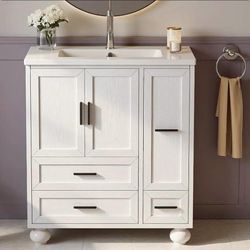 29.5" Bathroom Vanity with Sink, Hair Tool Drawer, 4 Solid Legs, 4 Drawers 2 Doors, Modern Freestanding Wooden Bathroom Cabinet with Undermount Upgrad