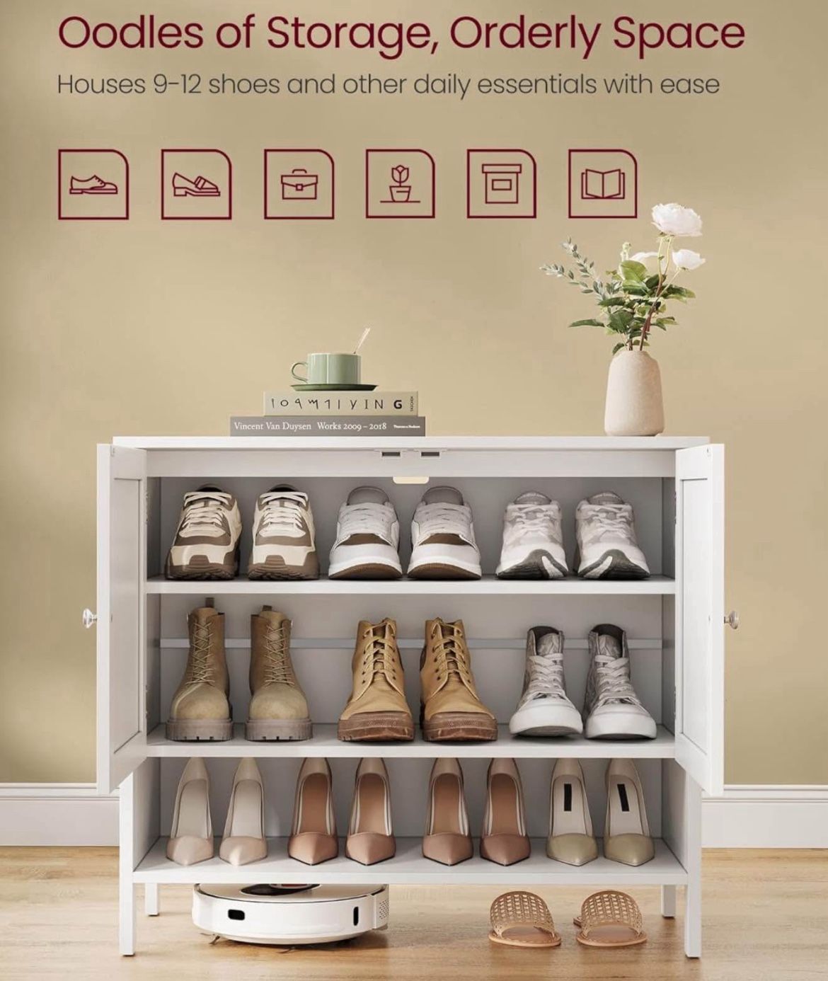 Shoe Cabinet, 3-Tier Shoe Storage Organiser, Shoe Shelf, Modern Country Cabinet, Freestanding Cabinet with Height-Adjustable Shelf, 35 x 8