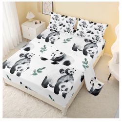 CVHOUSE Panda Fitted Sheet & Pillow Cases - Full Size, Cute Panda Bedding Set for Boys & Girls - 4 Piece