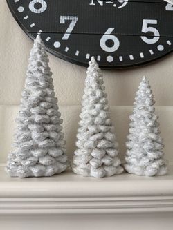 Set of 3 White Silver Christmas Tree Figurines