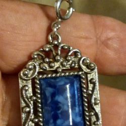 Vtg 70s Sarah Coventry Silvertone Double Sided Blue Pendant 1 1/2" X 1"