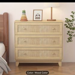 Rattan Dresser with 3 Drawers, Natural Wooden Dresser, Boho Nightstand