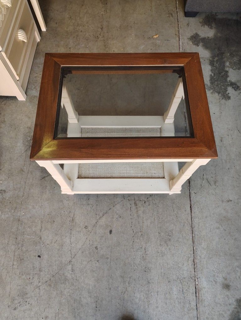 Coastal End Table with Cane Shelf & Glass Top (Tommy Bahama Style)