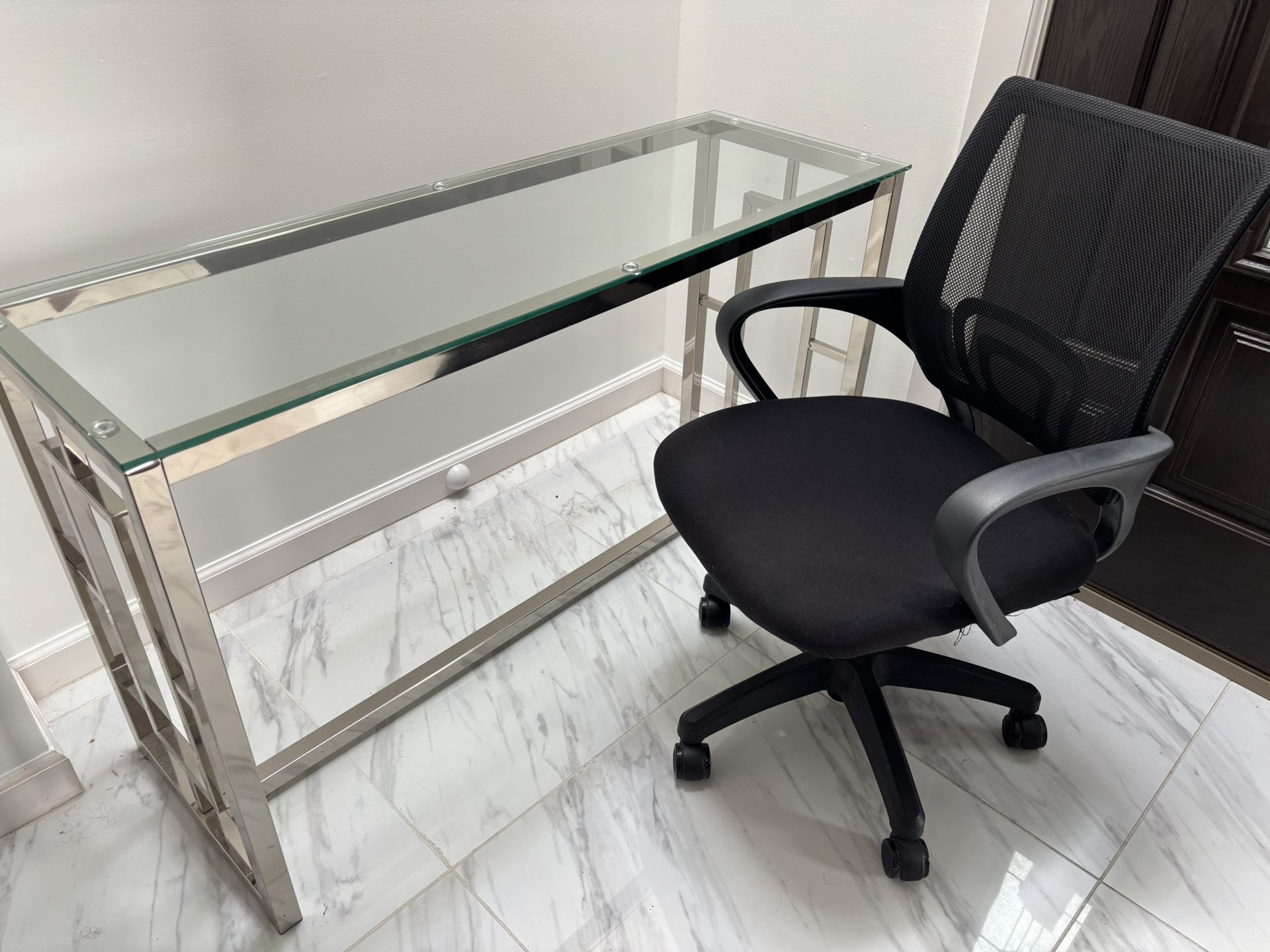 Glass Top Desk Table W/ Black Office Chair 