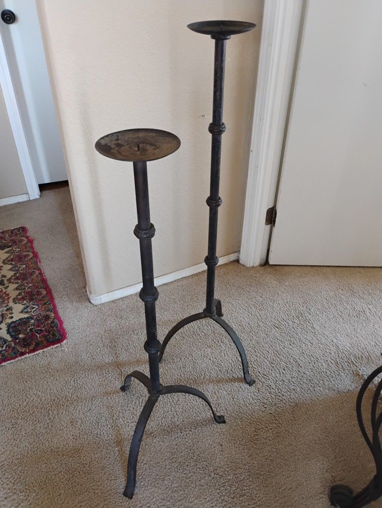 2 Vintage Black Wrought Iron Tall Spiked Candle Holders 
