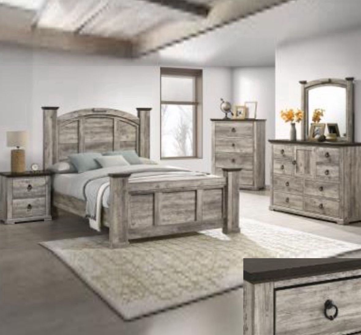 4- Pc Bedroom set Dresser,Mirror Nightstand (1) Queen size bed frame Not including Mattress and Box Sp