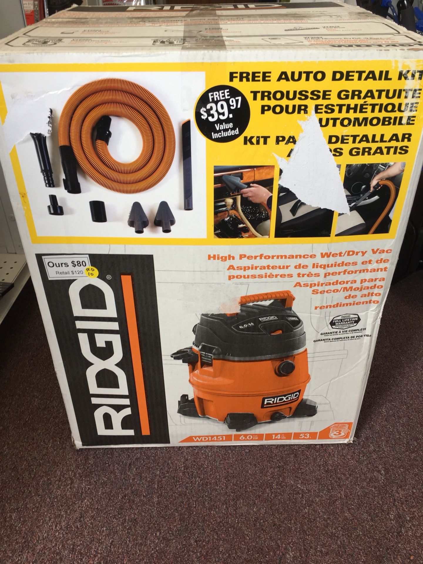 New Ridgid 14gal Wet/Dry Vacuum Shop Vac w car detailing kit. WD1451