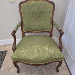 Vintage Carved Wood Armchair Green Upholstery