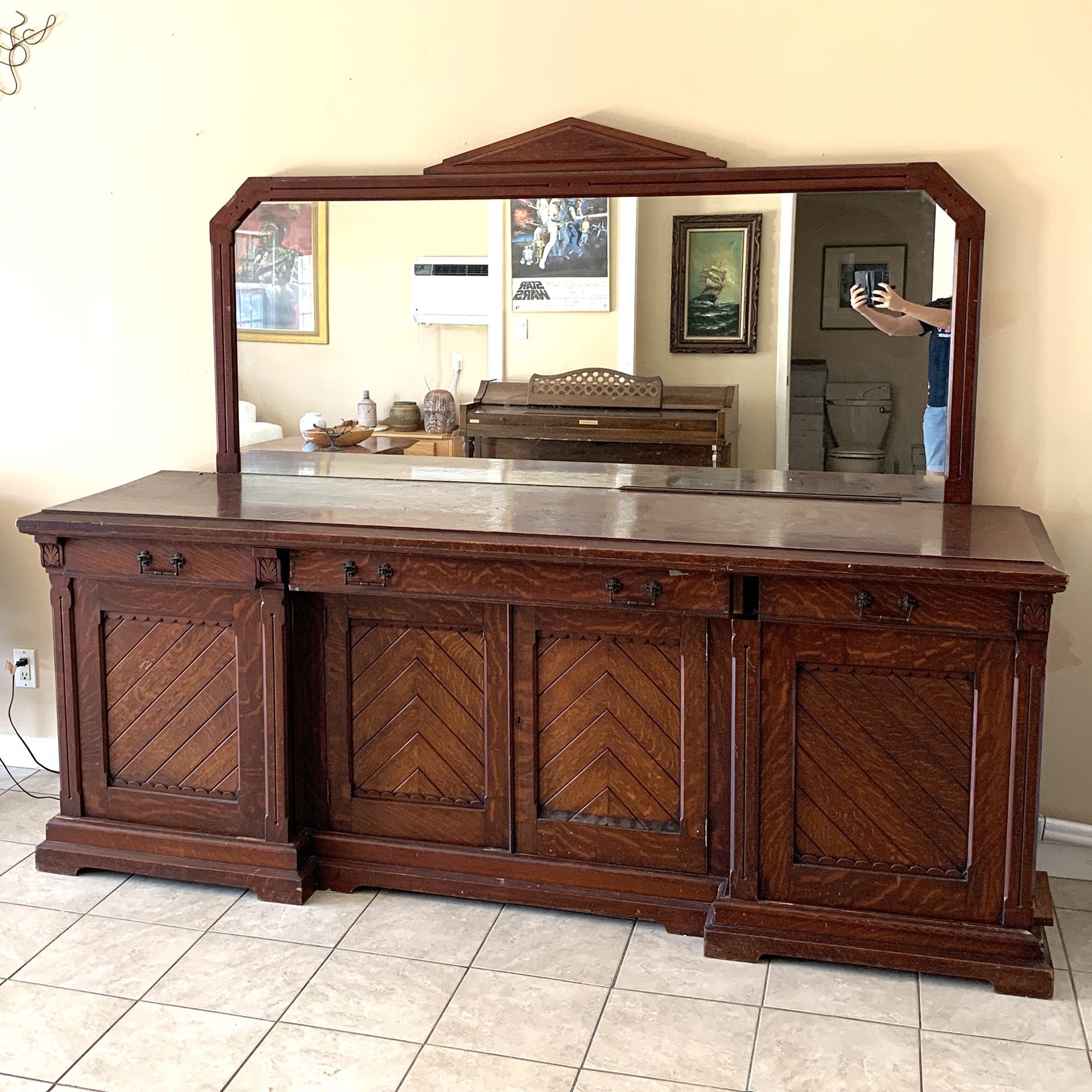 Large 7.5’ Antique Buffet Sideboard Dresser W/ Mirror