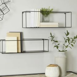 CosmoLiving Metal 2 Shelves Wall Shelf, Set Of 2 24", 23" W, Black