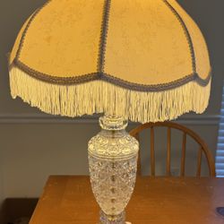 Beautiful Vintage Pressed Glass Lamp With Victorian Style Bell Shaped Fringed Shade 