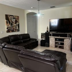 Extended Dark Brown Leather Sectional Couch With Two Recliners And Corner Chase