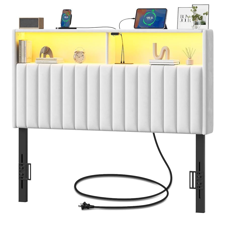 Headboard for Twin Size Bed with Storage, Velvet Upholstered Head Board with USB & Type C Port, 60,000 DIY Color of LED Light Height Adjustable, Sturd