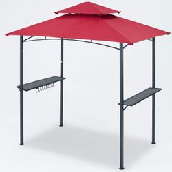 Grill Gazebo 8 x 5 Double Tiered Outdoor BBQ Gazebo Canopy with LED Light Burgundy