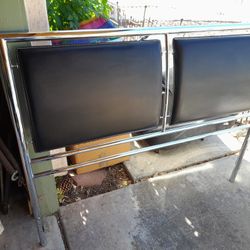 *"Contemporary ~ Modern / HeadBoard / TwO-PaneL / Black Leather-Vinyl / Chrome / Queen-Size / BoLd-White Stitching / 2-Piece Sett"* 