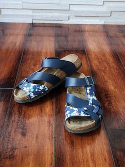 Birkenstock Papillio Floral Sandals Blue Cork Footbed Women's Size 6 EU 37 Regular