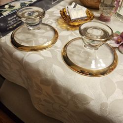 Jeannette Glass Clear Glass w/ Gold Trim Candle Stick Holder Set