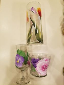 3 nice hand painted floral vases