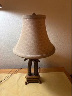 Double Palm Tree Table Lamp Carved Wooden Tropical  w/ beige fabric shade