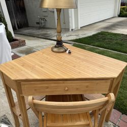 Pine Corner Desk And Chair / Brass Lamp